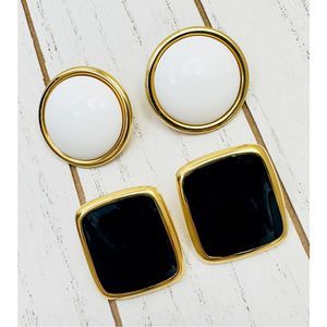 Vintage Monet Black And White Clip On Earrings